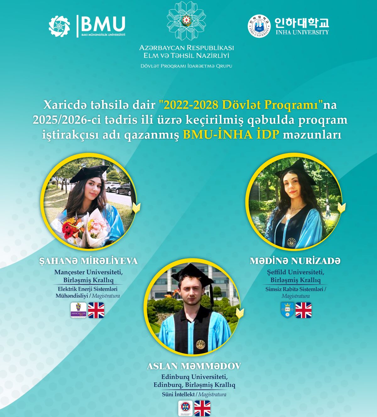 BMU-İNHA İDP-nin daha 3 məzunu dünyanın nüfuzlu universitetlərində